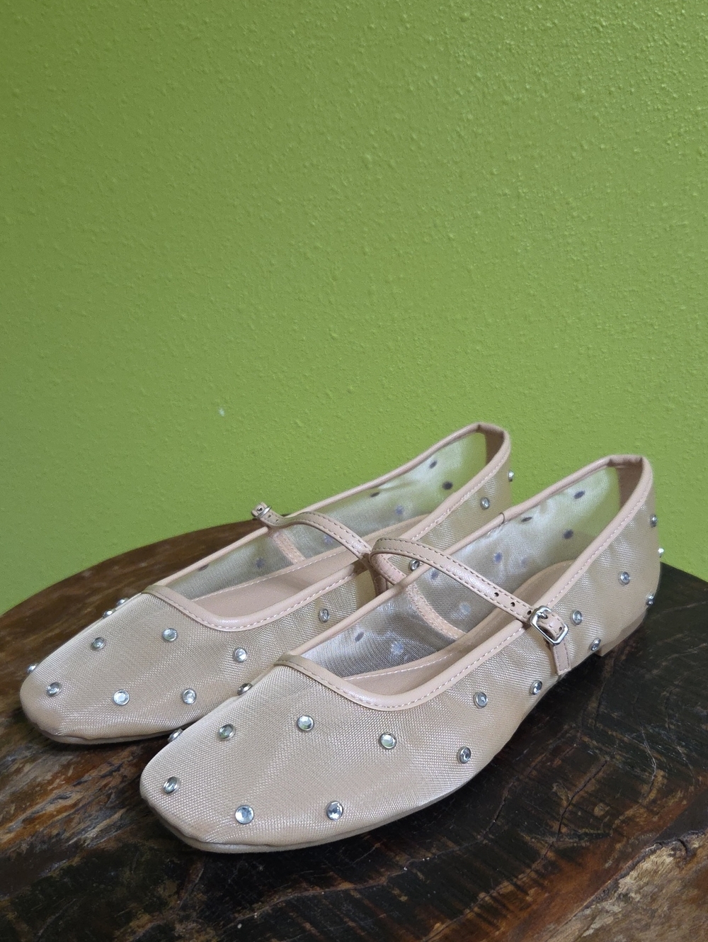 Michael Shannon Beige Rhinestone Mary Jane Flats